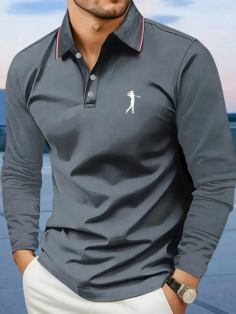 Footmax Men's Golf Player Graphic Polo Shirt - Long Sleeve Striped Breathable Casual Fit - footmaxldn