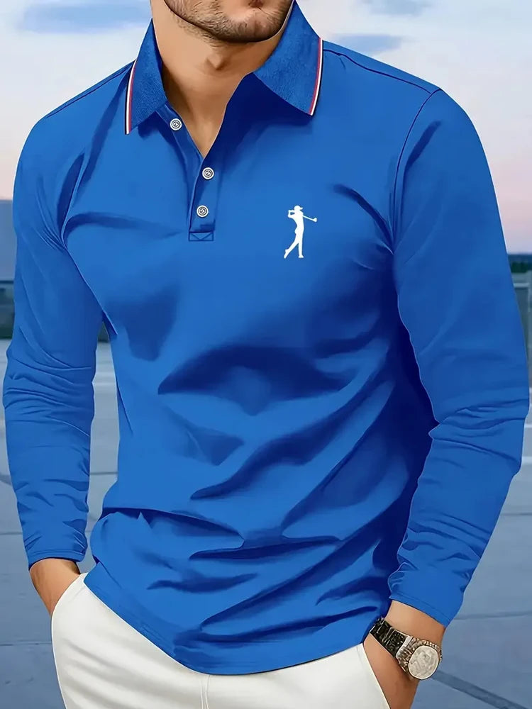 Footmax Men's Golf Player Graphic Polo Shirt - Long Sleeve Striped Breathable Casual Fit - footmaxldn