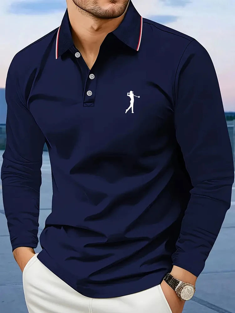 Footmax Men's Golf Player Graphic Polo Shirt - Long Sleeve Striped Breathable Casual Fit - footmaxldn