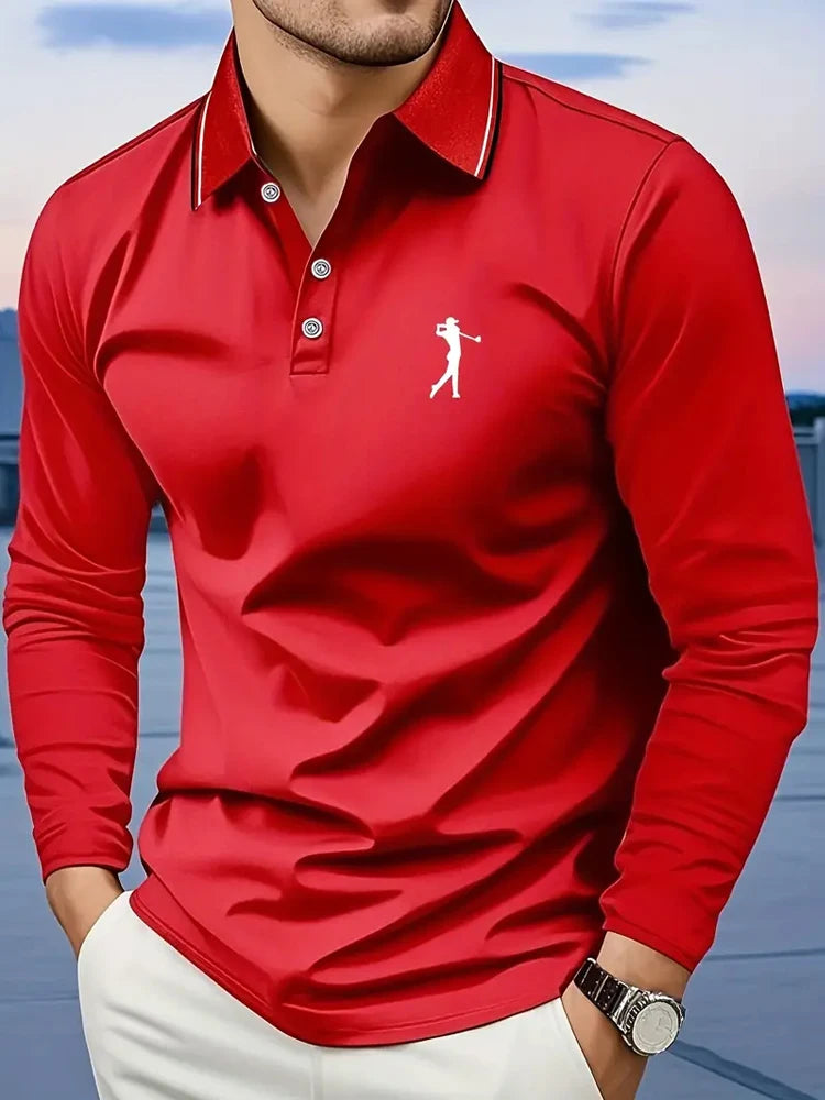 Footmax Men's Golf Player Graphic Polo Shirt - Long Sleeve Striped Breathable Casual Fit - footmaxldn