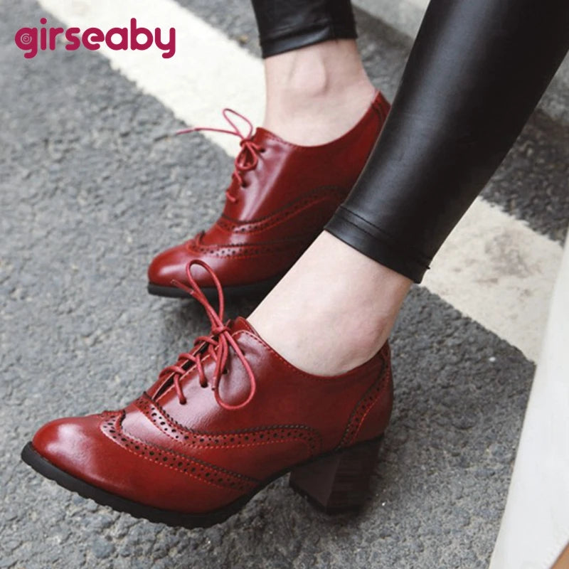 Footmax Women's Wood Heel Platform Brogue Pumps - 5.5cm Carved Retro Lace-Up Shoes - footmaxldn