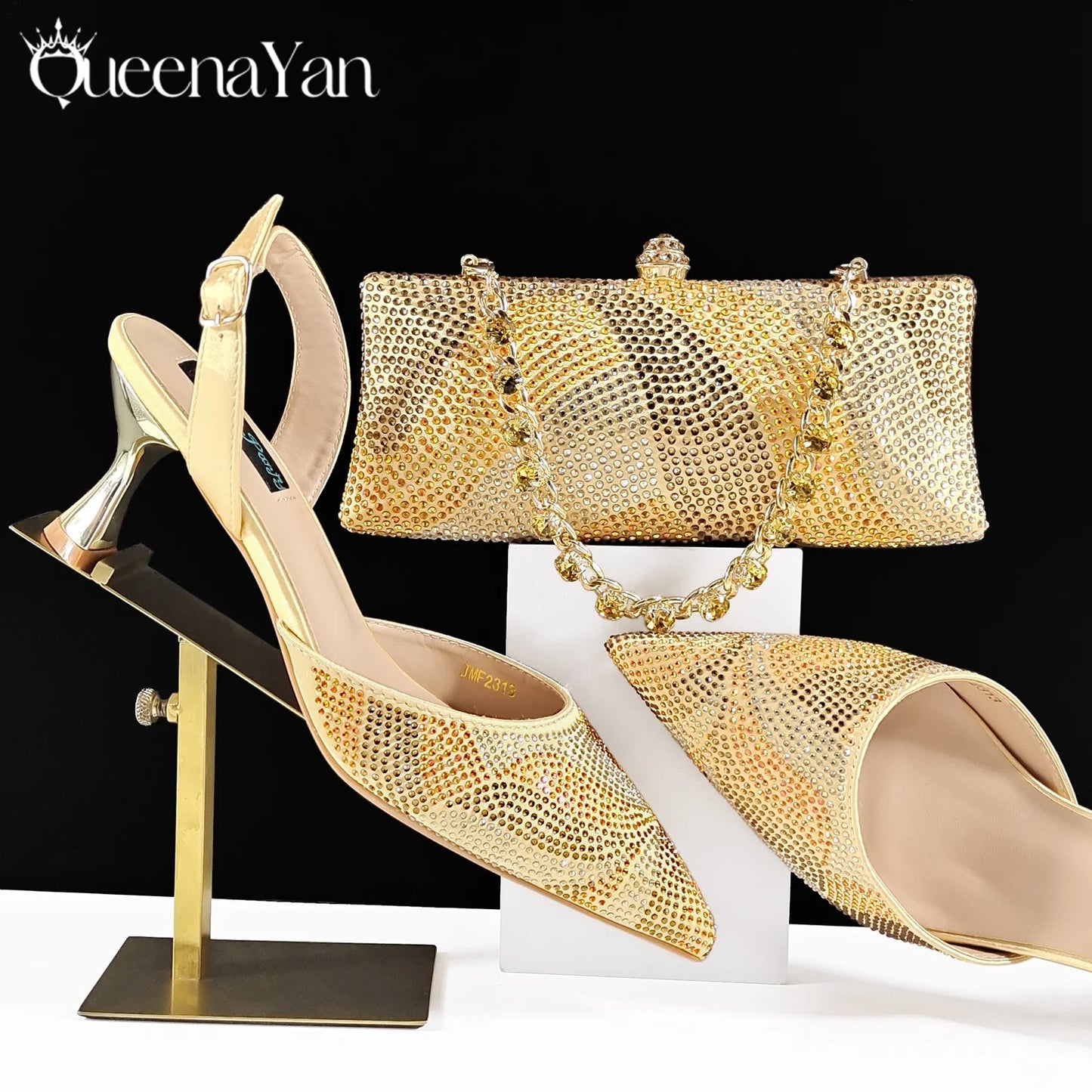 Footmax Black Gold Dazzling Heels & Clutch Set - Festive Elegance Collection - footmaxldn