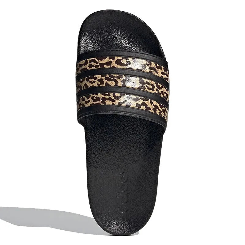 Adidas Trendy Slides. Black - gold Leopard Print Design, Suitable for Summer Outdoor Wear, the First Choice for Casual and Versa - footmaxldn
