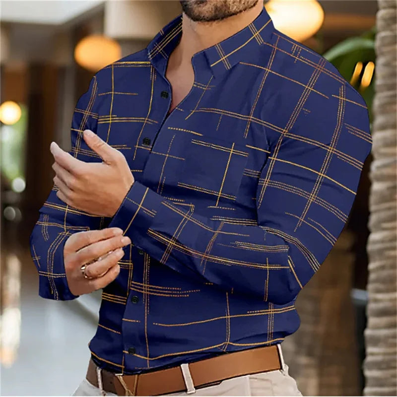 Footmax Men's 3D Stripe Long Sleeve Shirt - Slim Fit Button Down Casual Dress Shirt S-6XL