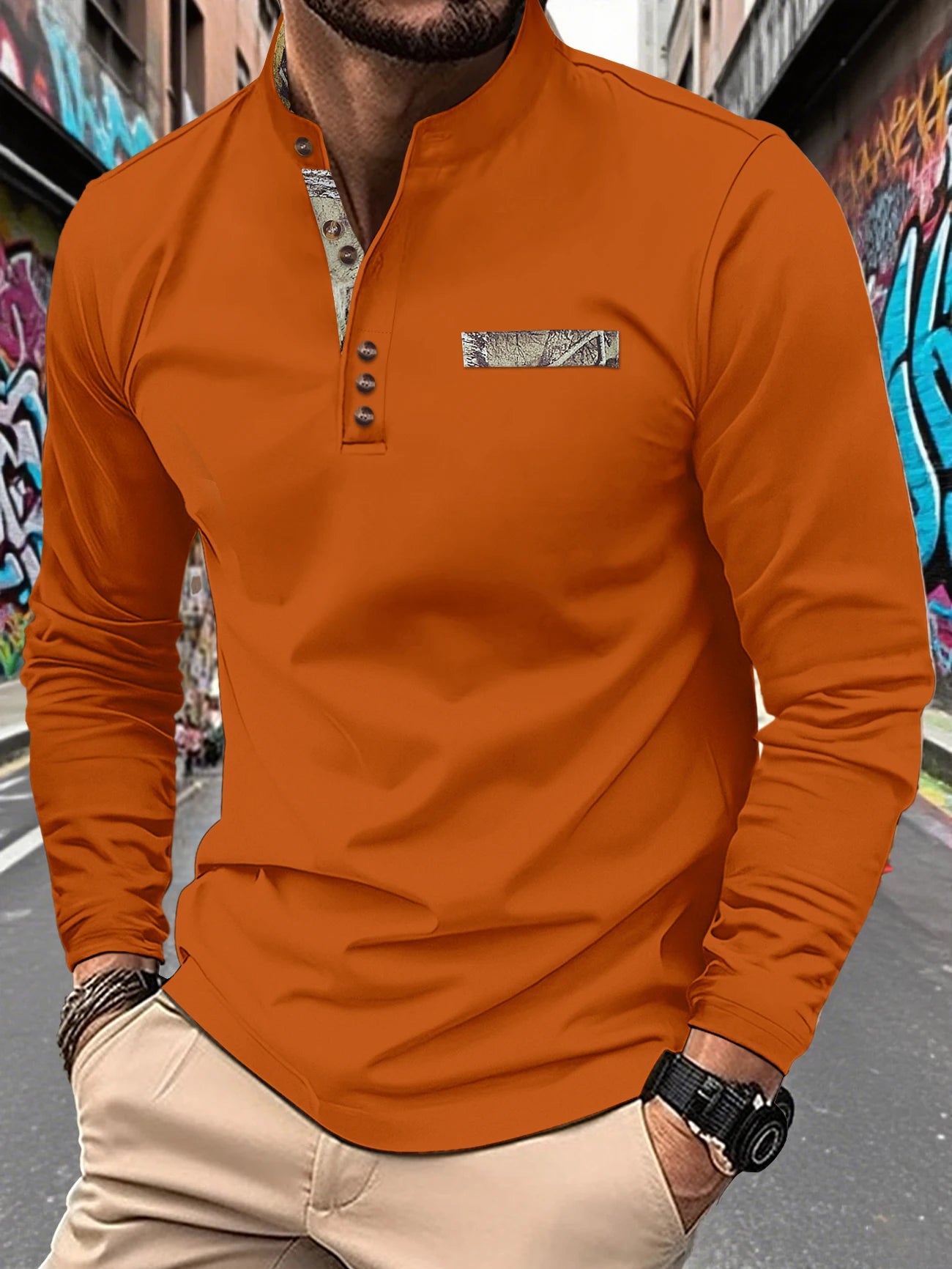 Footmax Men's Autumn Stand Up Collar Polo Shirt - Long Sleeve Button Casual Solid Color - footmaxldn
