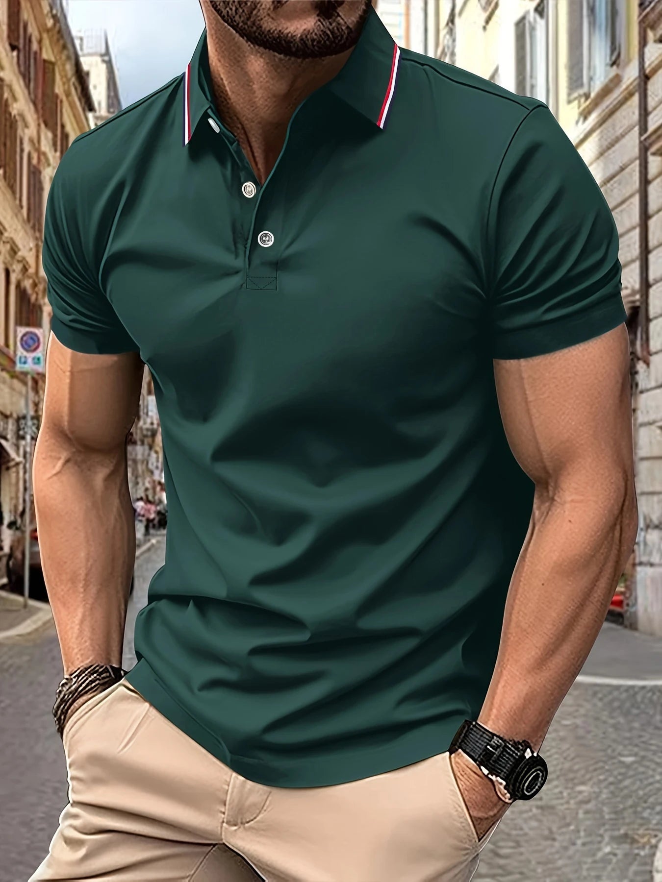 Footmax Men's Striped Collar Polo Shirt - Breathable Summer Business Casual - footmaxldn