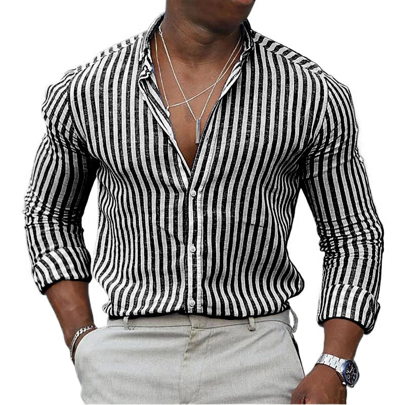 Footmax Men's Striped Hawaiian Shirt - Long Sleeve Breathable Lightweight Streetwear