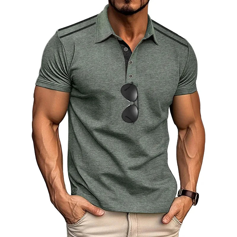 Footmax Men's Retro Color Block Polo Shirt - Short Sleeve Lapel Button Casual Summer - footmaxldn