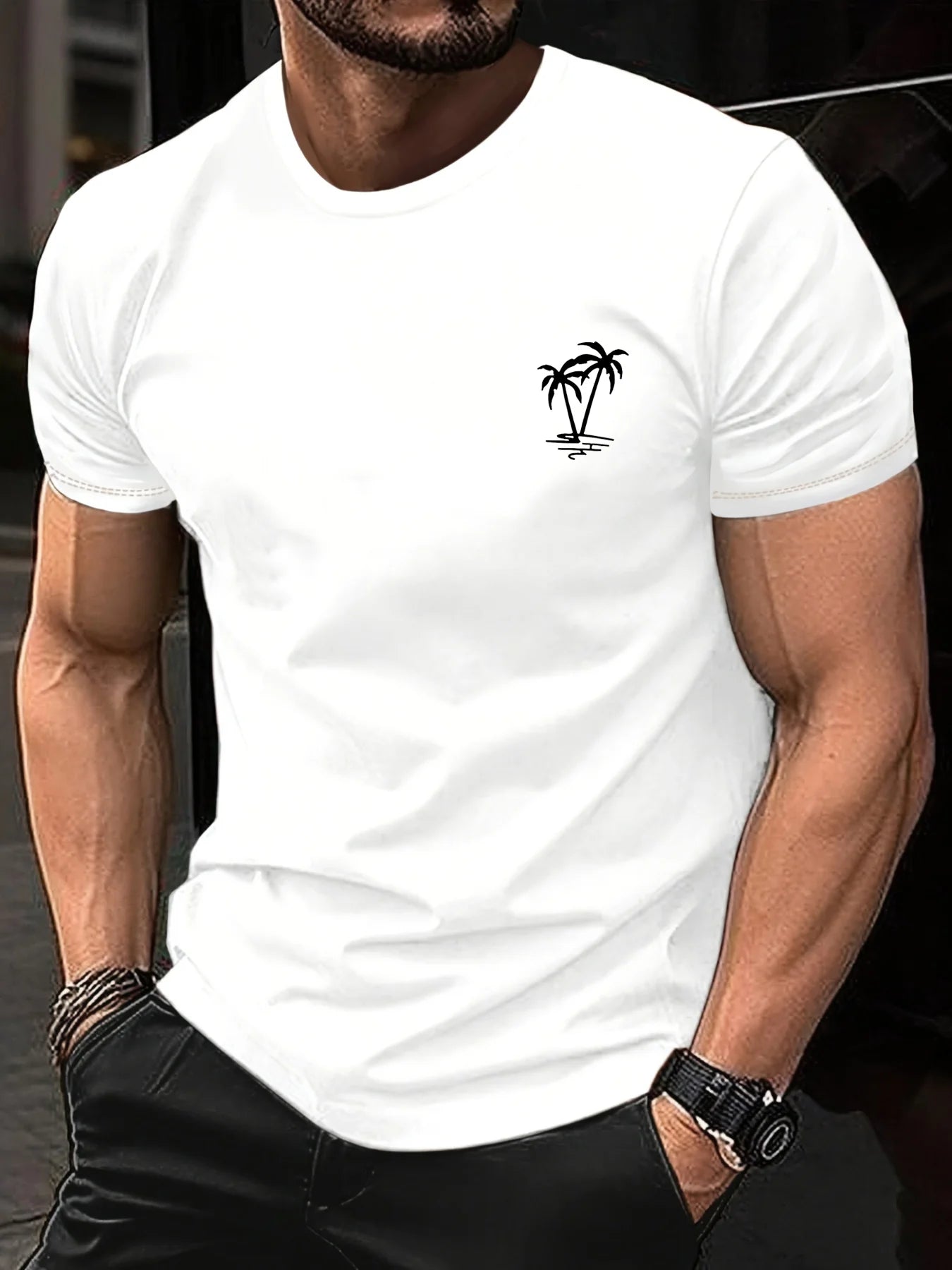 Footmax Men's Coconut Tree Print T-Shirt - 100% Cotton Summer Casual Short Sleeve - footmaxldn