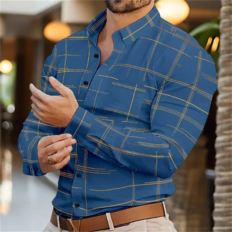 Footmax Men's 3D Stripe Long Sleeve Shirt - Slim Fit Button Down Casual Dress Shirt S-6XL