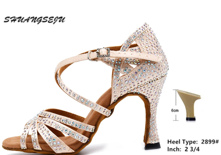 SHUANGSEJU 2025 New Latin Dance Shoes Female Hot Diamond Dance Shoes National Standard Salsa Cha Cha Dance Shoes 6-7.5-9cm Heel - footmaxldn