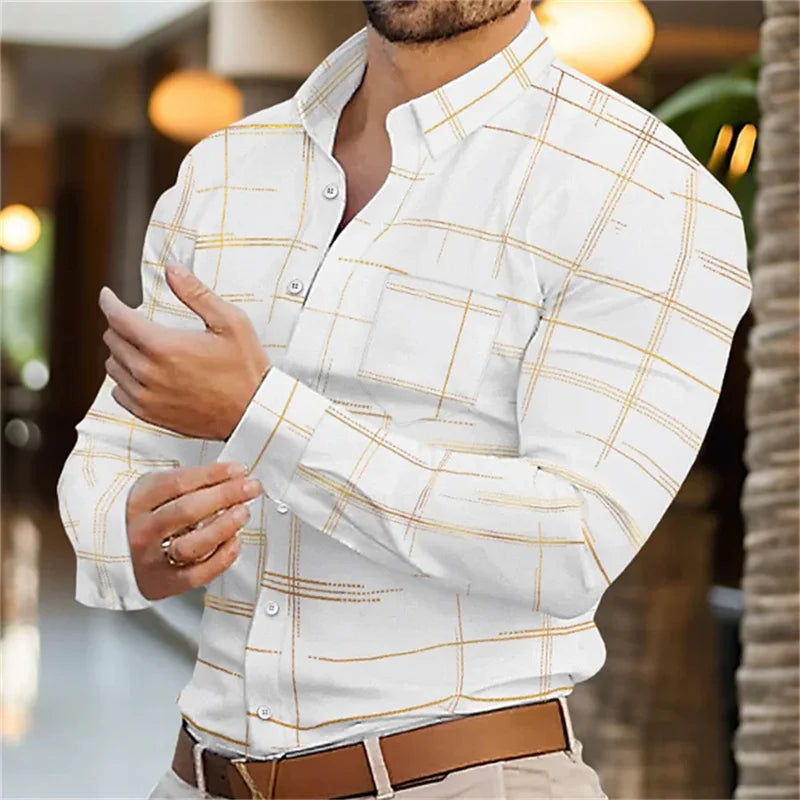 Footmax Men's 3D Stripe Long Sleeve Shirt - Slim Fit Button Down Casual Dress Shirt S-6XL