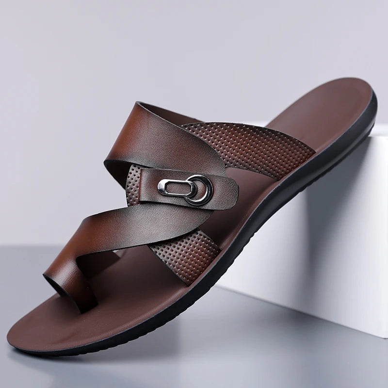 Footmaxldn Men's Leather Slide Sandals
