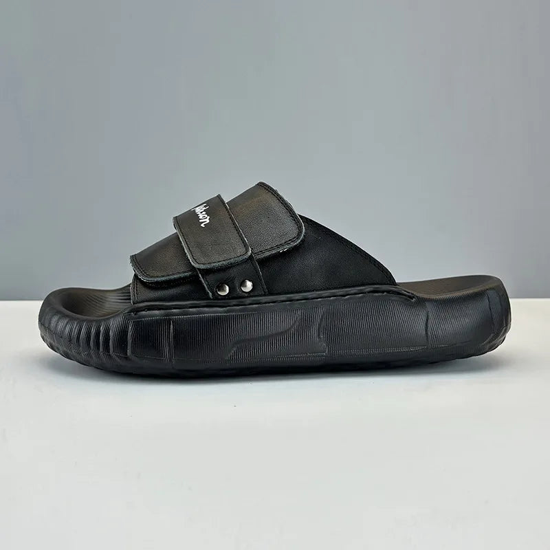 2024 Summer New Arrival Trend Lightweight Casual Genuine Leather Slippers Non-slip Outdoor Amy Green Cool Men Slippers - footmaxldn