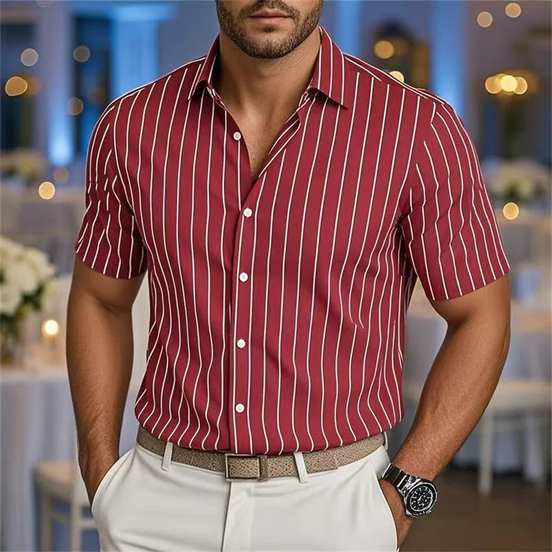 Men's Striped Short Sleeve Shirt - Casual Breathable Button-Up by Footmax