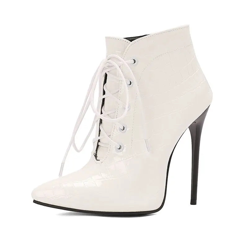 Footmax Women's Stiletto Ankle Boots - 12cm Pointed Toe Lace-Up Party Booties - footmaxldn
