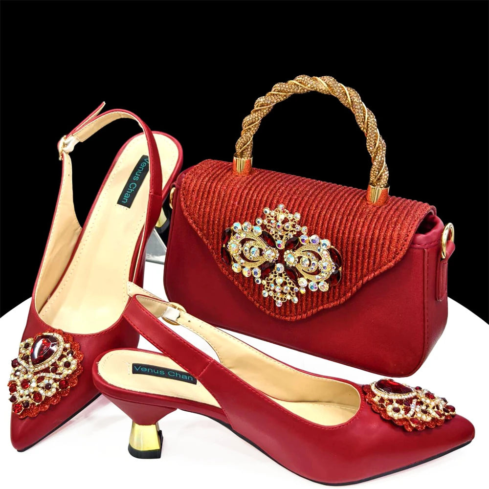 2024Sweet Party Style African Women's Shoes Bags Rhinestone Embellished Pointed Toe Heels Square Clutch Bag
