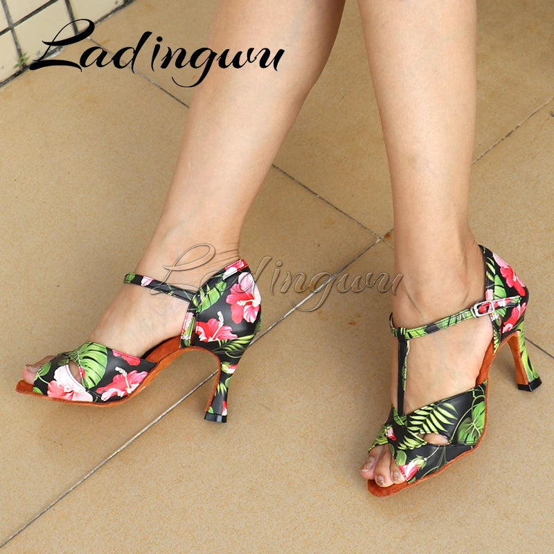 Footmax Women's Monstera Print Latin Dance Shoes - White Cuban Heel Ballroom - footmaxldn