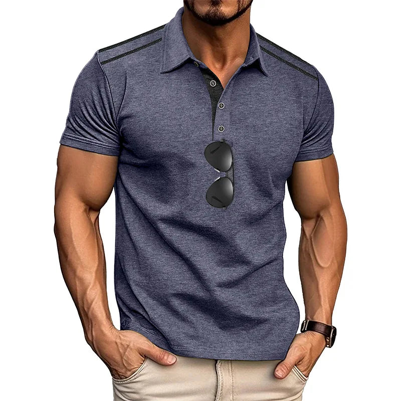 Footmax Men's Retro Color Block Polo Shirt - Short Sleeve Lapel Button Casual Summer - footmaxldn