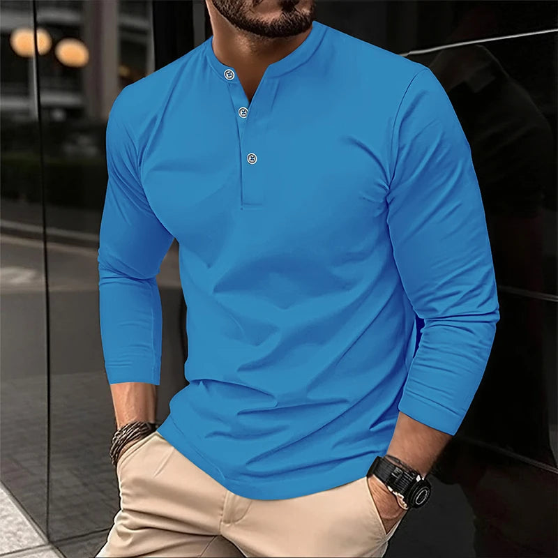 Footmax Men's Henry Collar Button Shirt - Long Sleeve Solid Color Print Spring Autumn - footmaxldn