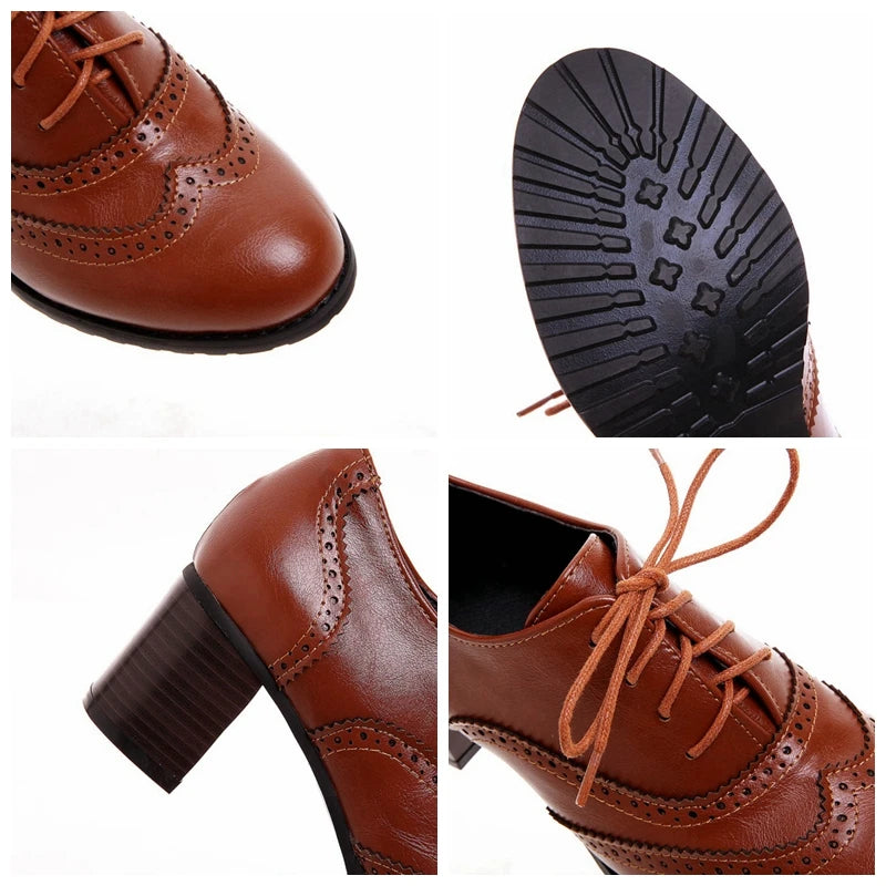 Footmax Women's Wood Heel Platform Brogue Pumps - 5.5cm Carved Retro Lace-Up Shoes - footmaxldn