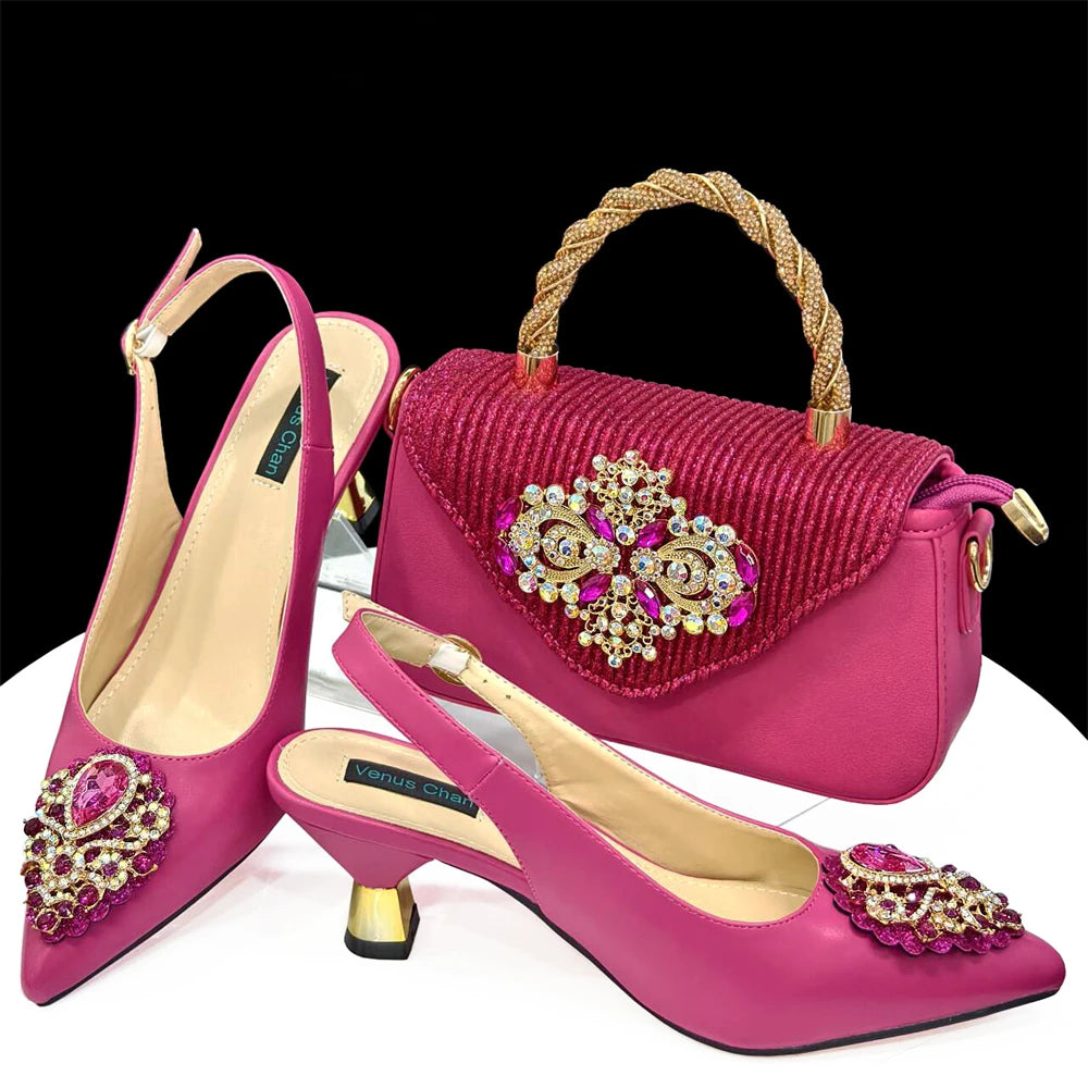2024Sweet Party Style African Women's Shoes Bags Rhinestone Embellished Pointed Toe Heels Square Clutch Bag
