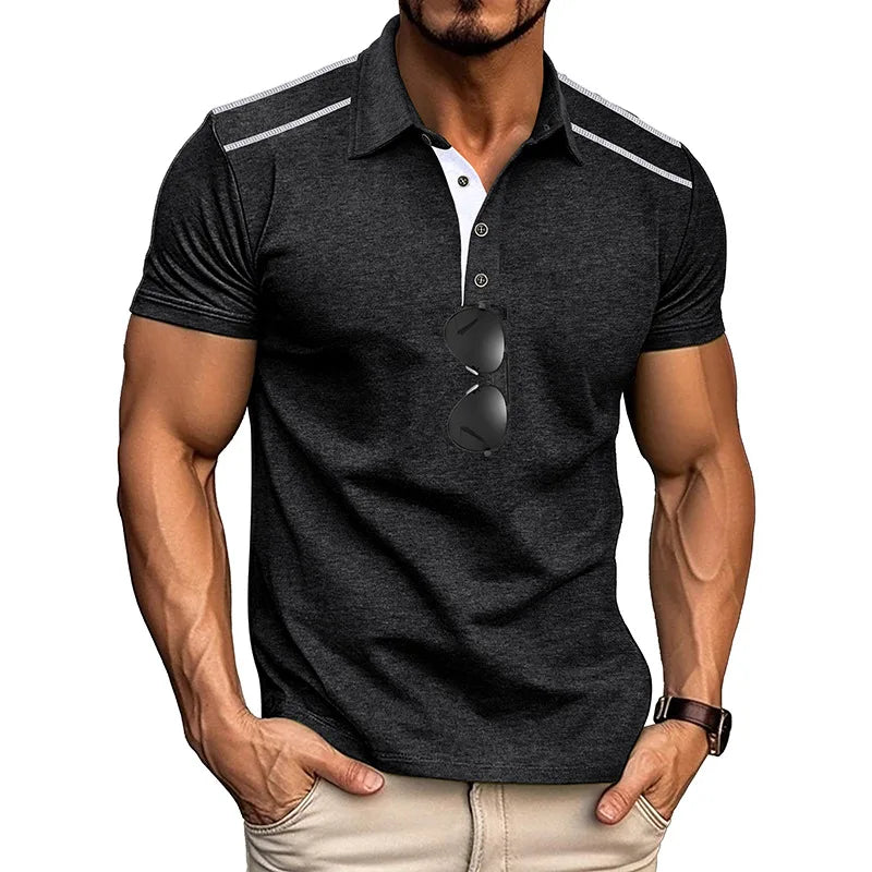 Footmax Men's Retro Color Block Polo Shirt - Short Sleeve Lapel Button Casual Summer - footmaxldn