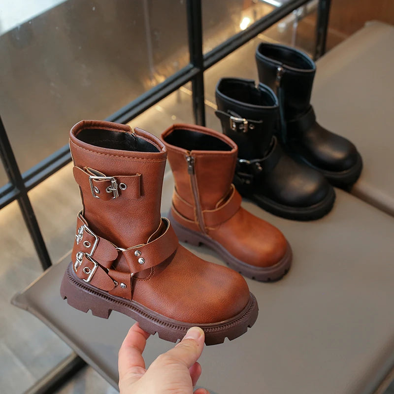 2025 Autumn Winter New Children Leather Shoes for Girls Fashion British Style Soft Bottom Anti-slippery Versatile Short Boots - footmaxldn