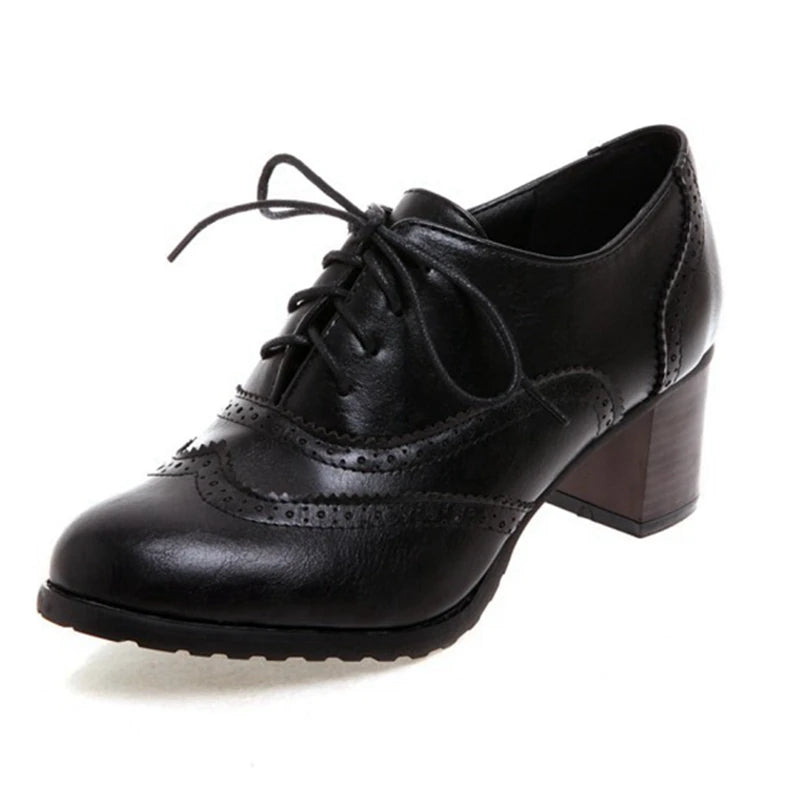 Footmax Women's Wood Heel Platform Brogue Pumps - 5.5cm Carved Retro Lace-Up Shoes - footmaxldn