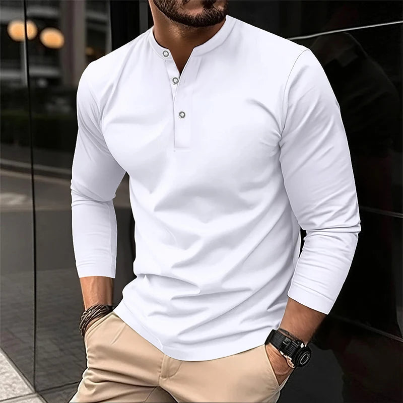 Footmax Men's Henry Collar Button Shirt - Long Sleeve Solid Color Print Spring Autumn - footmaxldn