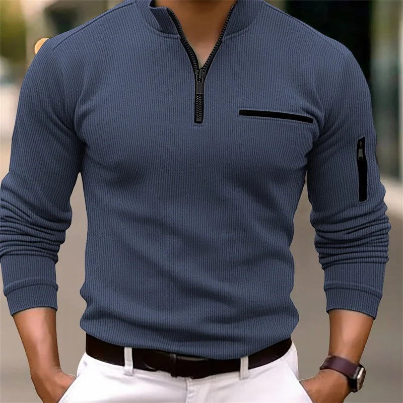 Footmax Men's Long Sleeve Striped Polo Shirt - Zipper Collar Retro Sports Outdoor - footmaxldn