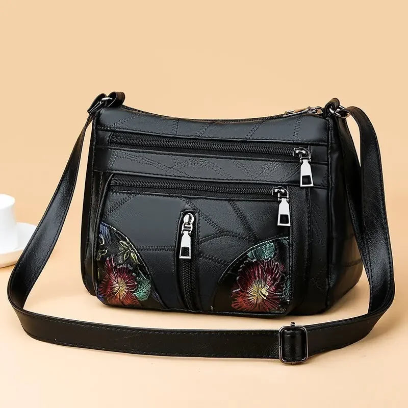 Women Shoulder Bag, Multi-pockets Adjustable Strap PU Leather Embroidery Flower Zipper Closure Crossbody Bag - footmaxldn