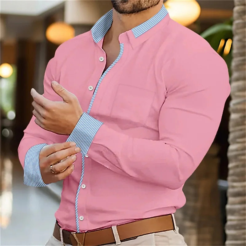 Footmax Men's 3D Stripe Long Sleeve Shirt - Slim Fit Button Down Casual Dress Shirt S-6XL