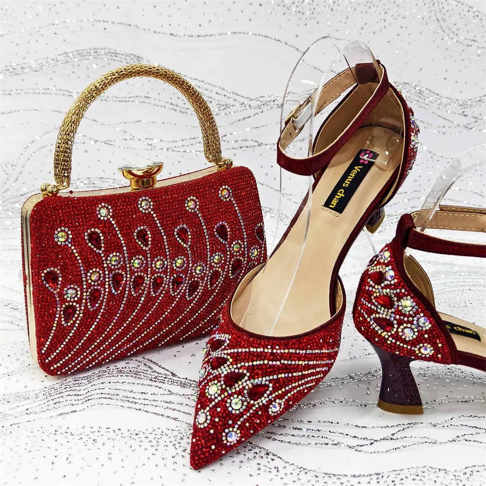 2025 Elegant Rhinestone Pointed Toe Pumps With Matching Bag Set Large Size shoes Big Bag for Women's Party High Heels - footmaxldn