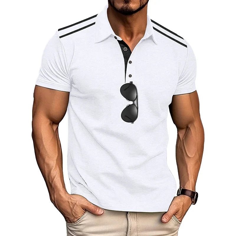 Footmax Men's Retro Color Block Polo Shirt - Short Sleeve Lapel Button Casual Summer - footmaxldn