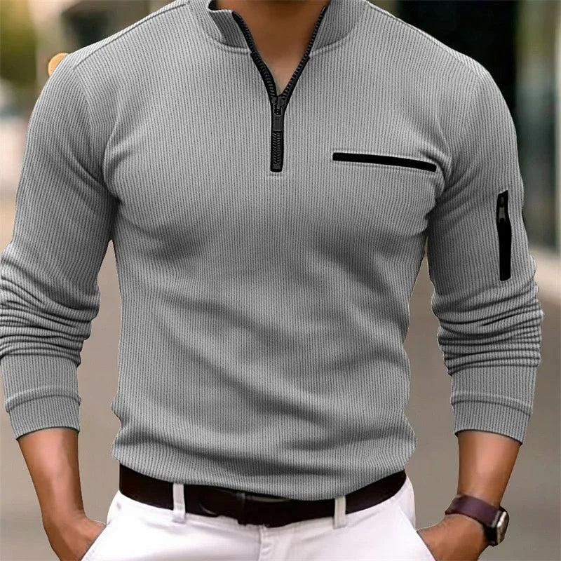 Footmax Men's Long Sleeve Striped Polo Shirt - Zipper Collar Retro Sports Outdoor - footmaxldn