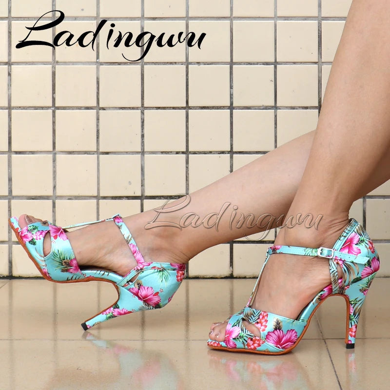 Footmax Tropical Print Satin Salsa Dance Shoes - Women's Latin Ballroom Sandals - footmaxldn