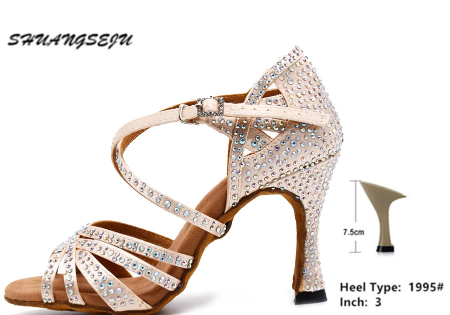 SHUANGSEJU 2025 New Latin Dance Shoes Female Hot Diamond Dance Shoes National Standard Salsa Cha Cha Dance Shoes 6-7.5-9cm Heel - footmaxldn