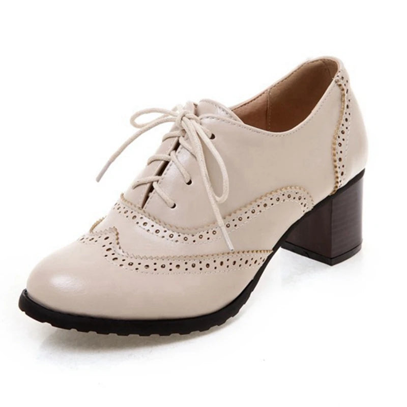 Footmax Women's Wood Heel Platform Brogue Pumps - 5.5cm Carved Retro Lace-Up Shoes - footmaxldn