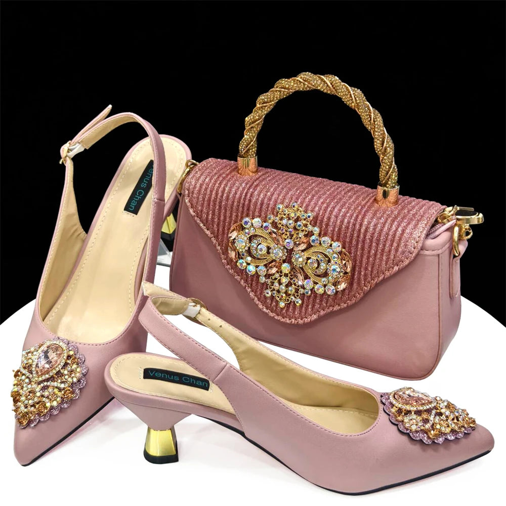 2024Sweet Party Style African Women's Shoes Bags Rhinestone Embellished Pointed Toe Heels Square Clutch Bag