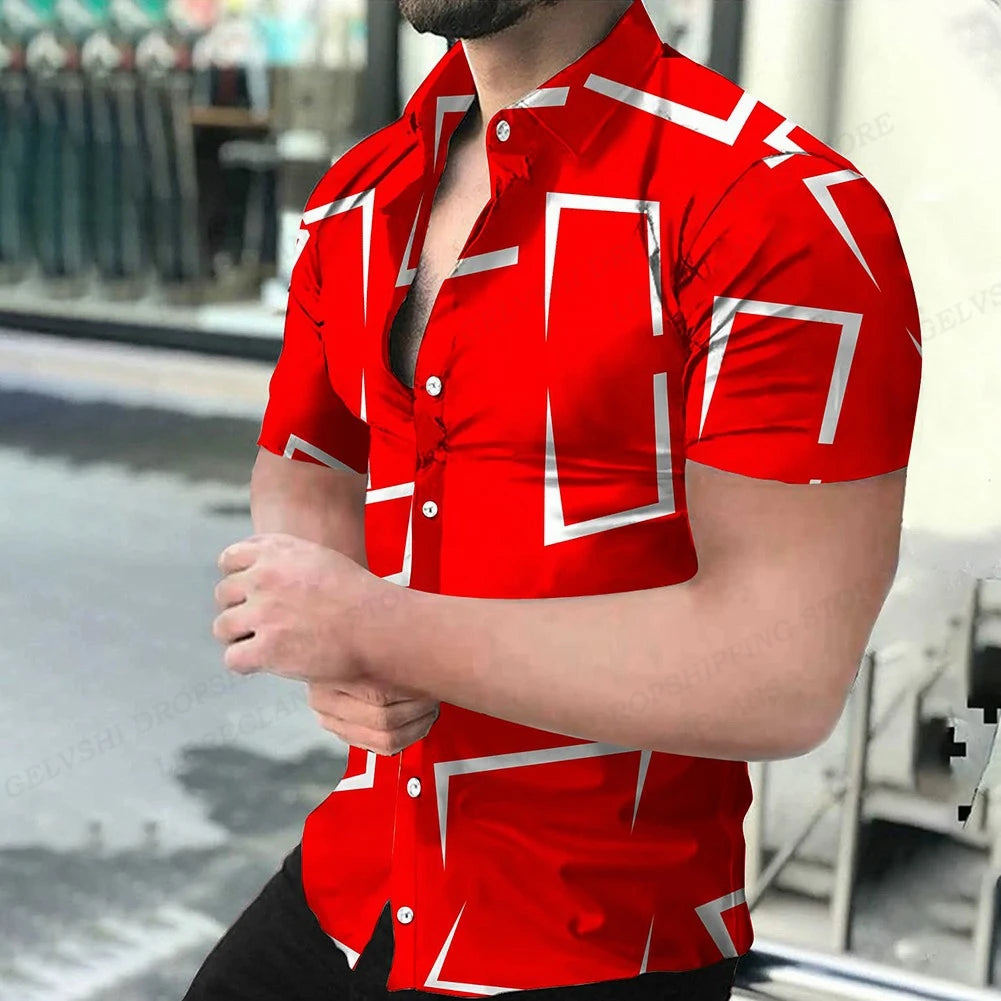 Footmax Men's Geometric 3D Print Hawaiian Shirt - Short Sleeve Beach Shirt
