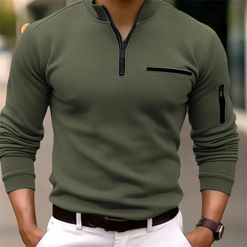 Footmax Men's Long Sleeve Striped Polo Shirt - Zipper Collar Retro Sports Outdoor - footmaxldn