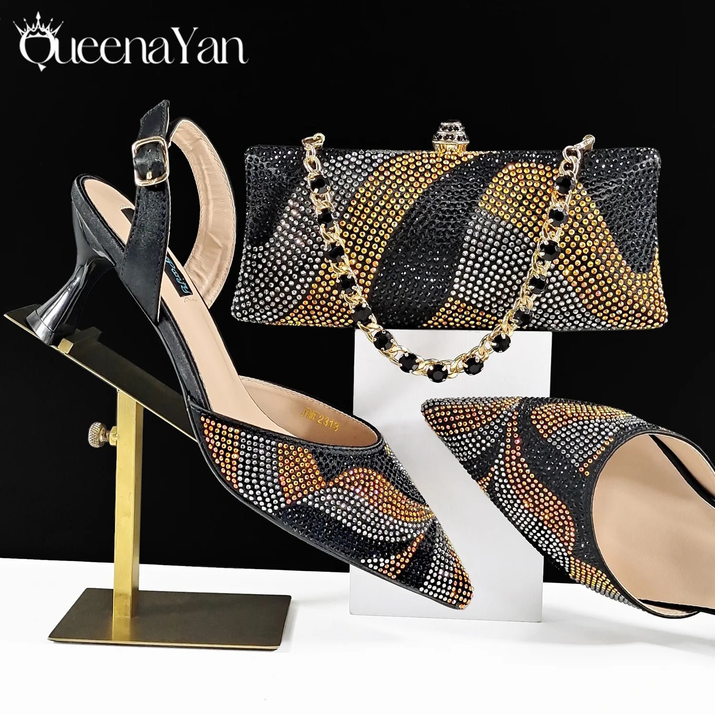 Footmax Black Gold Dazzling Heels & Clutch Set - Festive Elegance Collection - footmaxldn