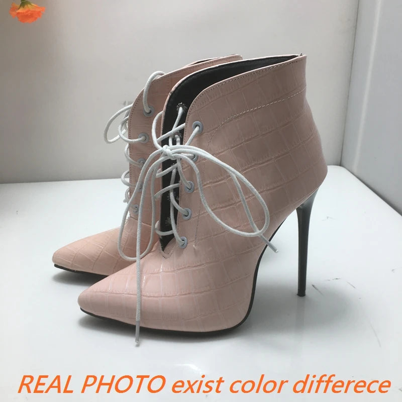 Footmax Women's Stiletto Ankle Boots - 12cm Pointed Toe Lace-Up Party Booties - footmaxldn
