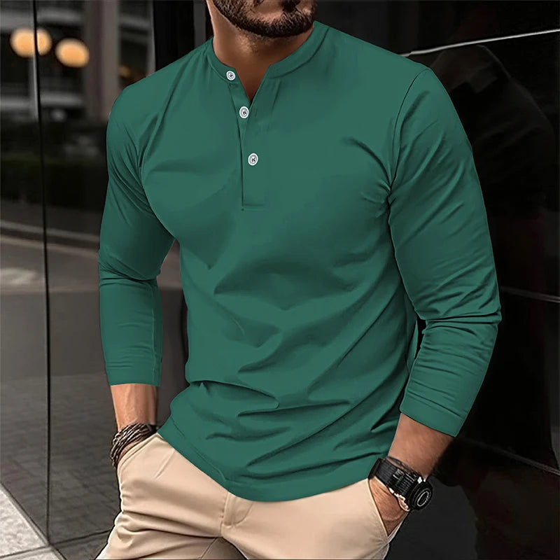 Footmax Men's Henry Collar Button Shirt - Long Sleeve Solid Color Print Spring Autumn - footmaxldn