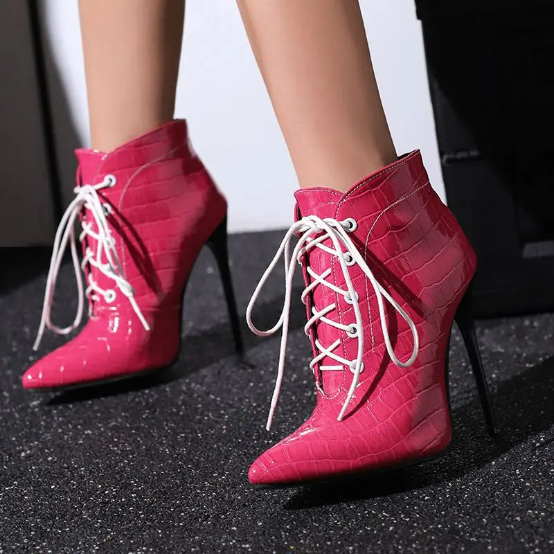 Footmax Women's Stiletto Ankle Boots - 12cm Pointed Toe Lace-Up Party Booties - footmaxldn