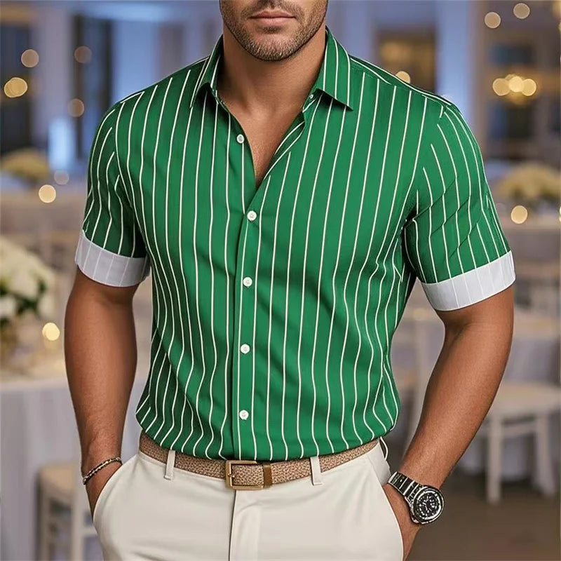 Men's Striped Short Sleeve Shirt - Casual Breathable Button-Up by Footmax