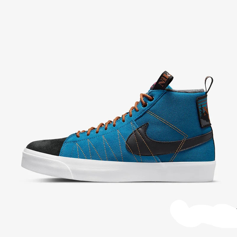 A Nike high-top sneaker in blue canvas with a black leather Swoosh, black toe cap, orange laces, and a white rubber sole, shown from a side profile on a light gray background.