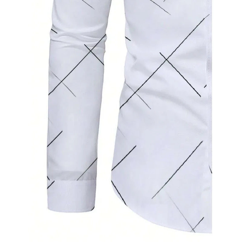 Footmax Men's White Business Shirt - Long Sleeve Elastic Printed Casual Dress Shirt - footmaxldn