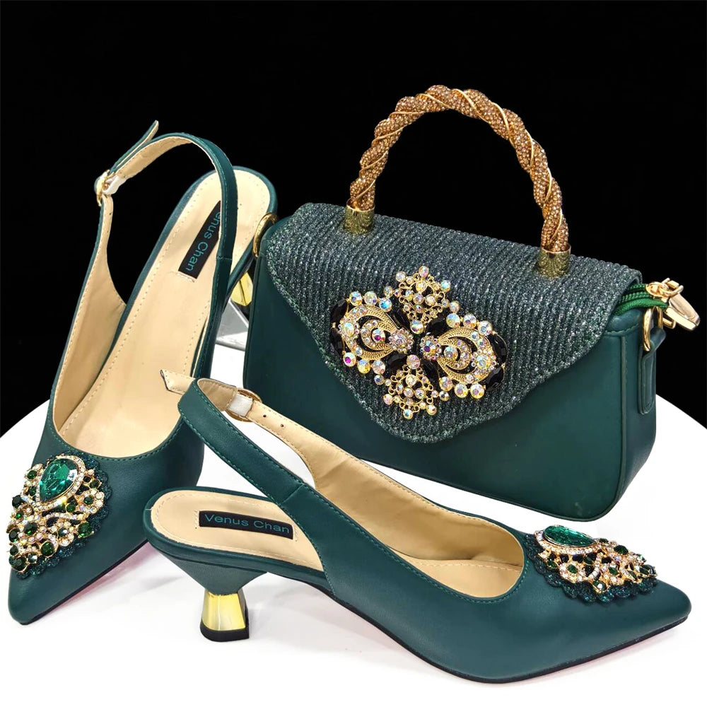 2024Sweet Party Style African Women's Shoes Bags Rhinestone Embellished Pointed Toe Heels Square Clutch Bag